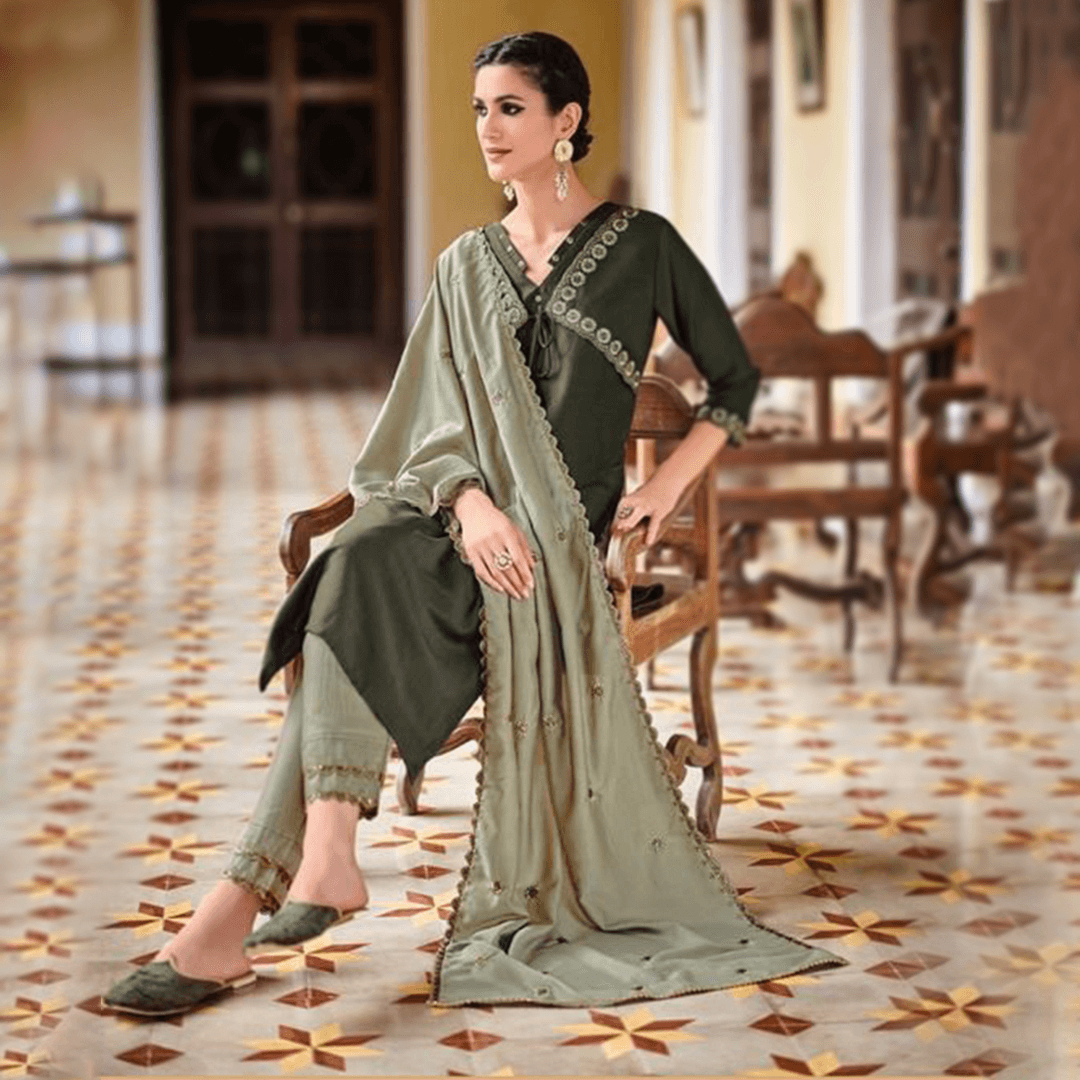 olive green silk suit set with embroidery kurta pant dupatta sequins work hand made in india