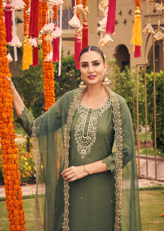 festive suit set in green silk with embroidery and organza embroidered dupatta online shopping made in india