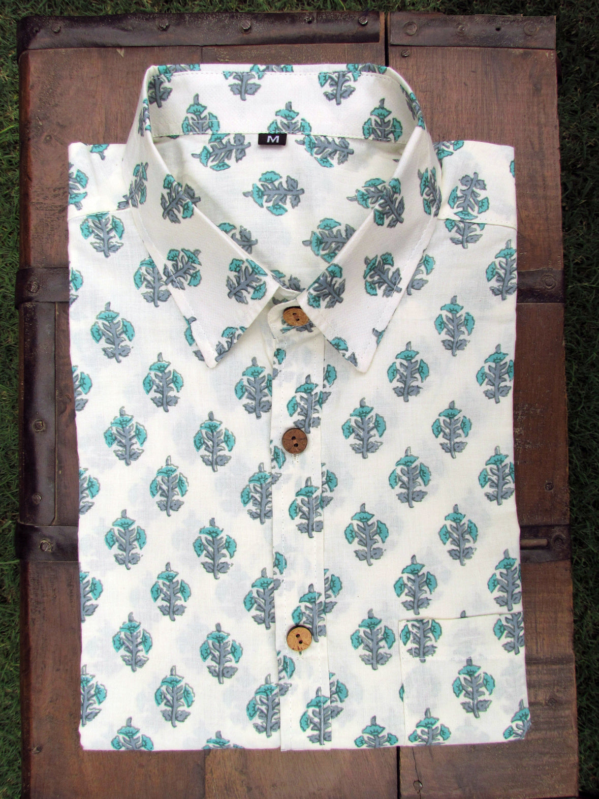 latest fashion designer pure cotton handblock shirts for men handmade in india online shopping floral pattern in green and white boota
