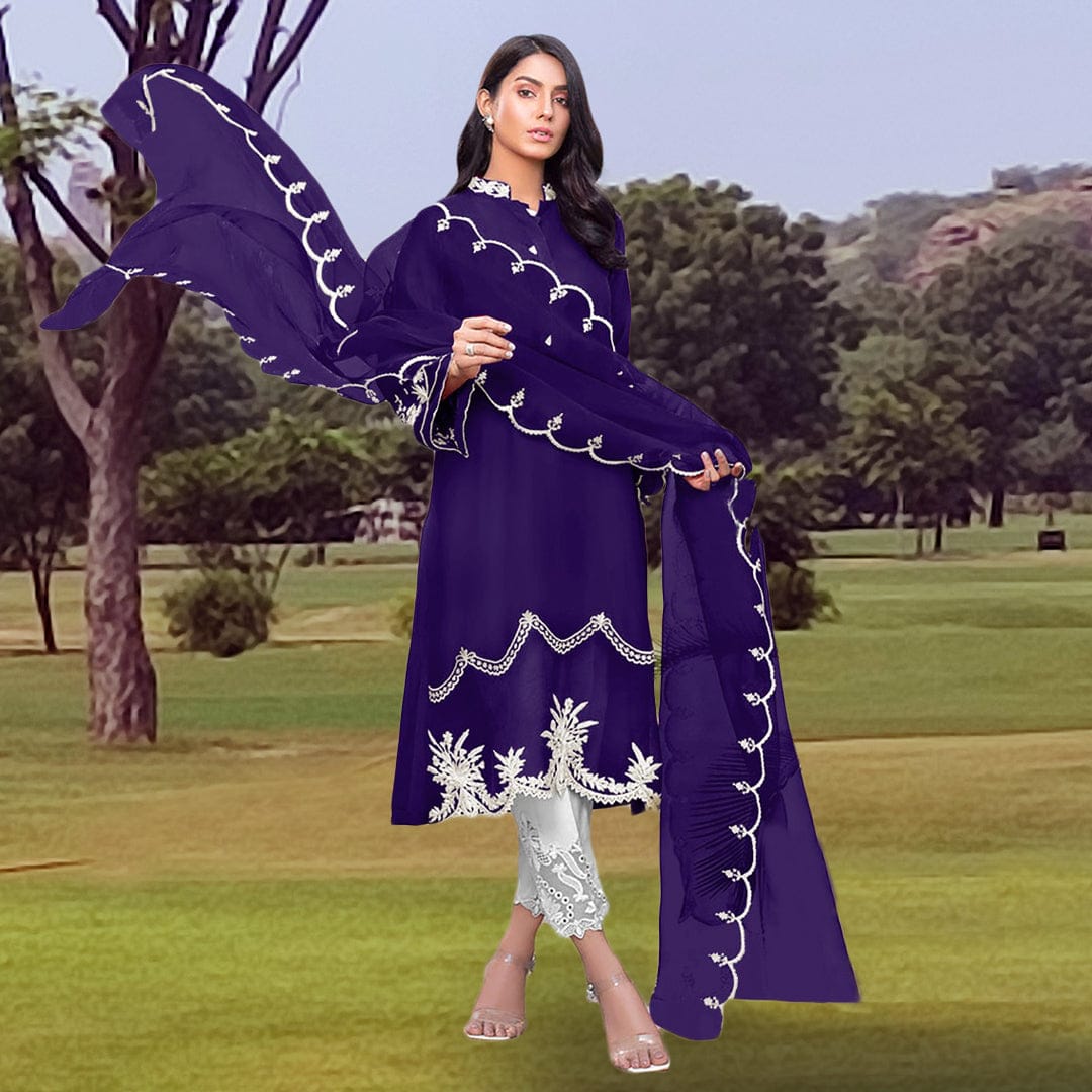 violet purple festive suit set in georgette with embroidery and handmade floral dupatta online shopping made in india