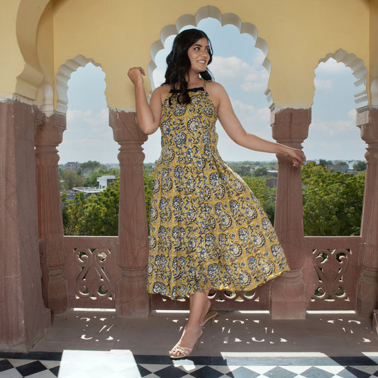 designer yellow summer cotton long dress in handblock with floral prints velvet in organic dye for online shopping india