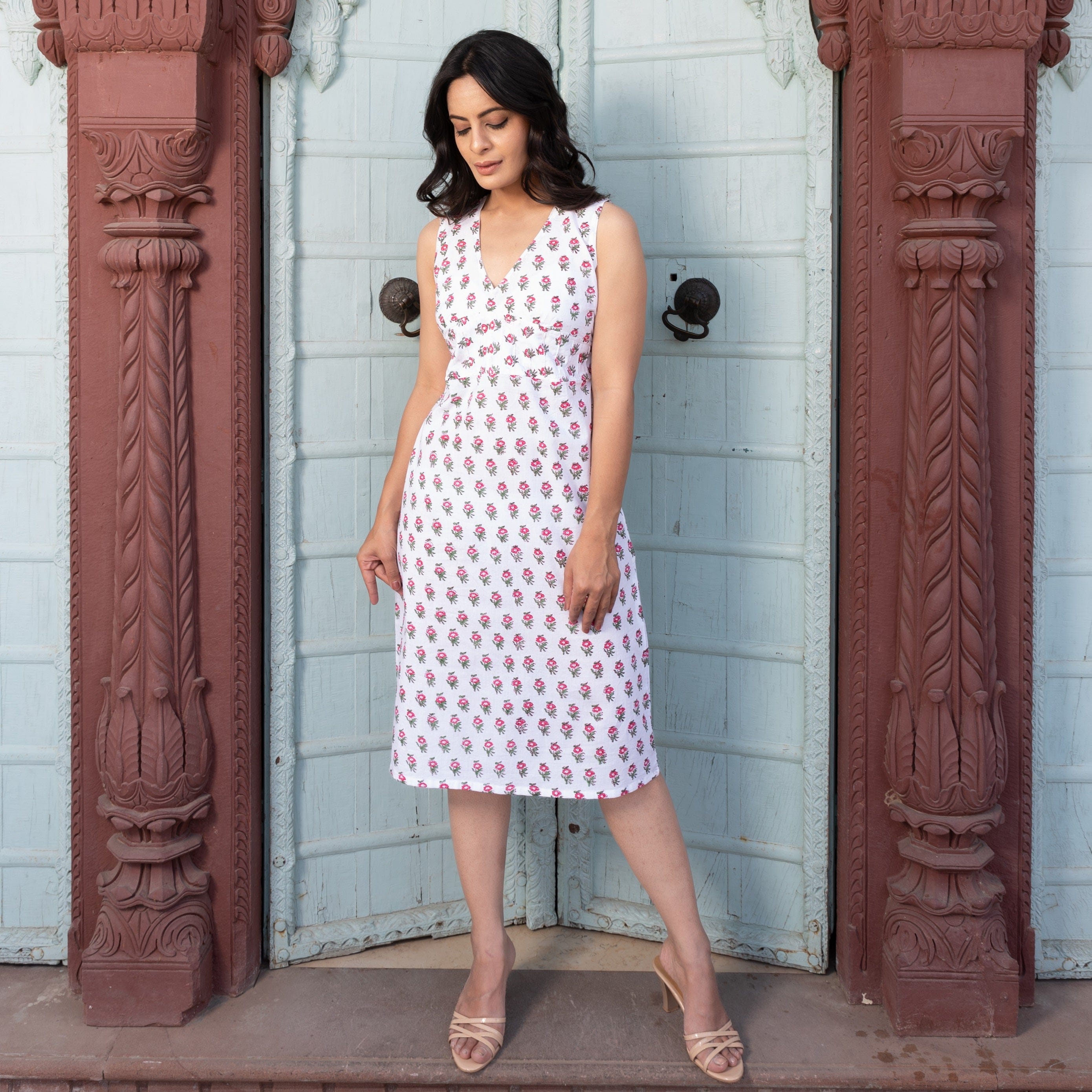 designer trendy handblock cotton dress in white and pink flowers with sequins for online shopping India using natural dye