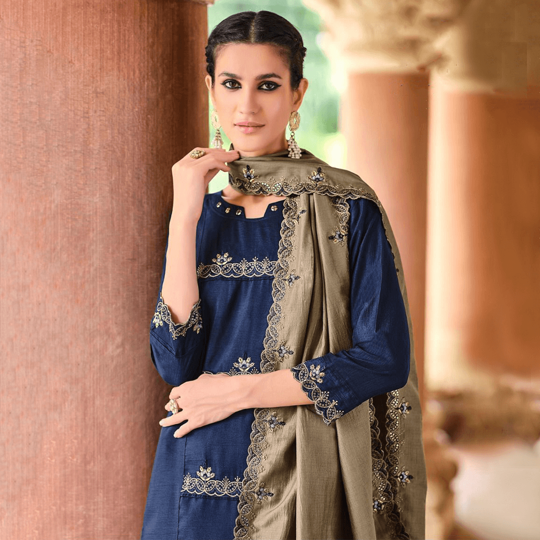 navy blue silk suit set with embroidery kurta pant dupatta sequins work hand made in india
