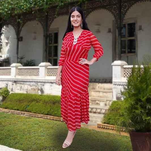 latest fashion designer handmade georgette long dress leheriya print summer wear sustainable fashion