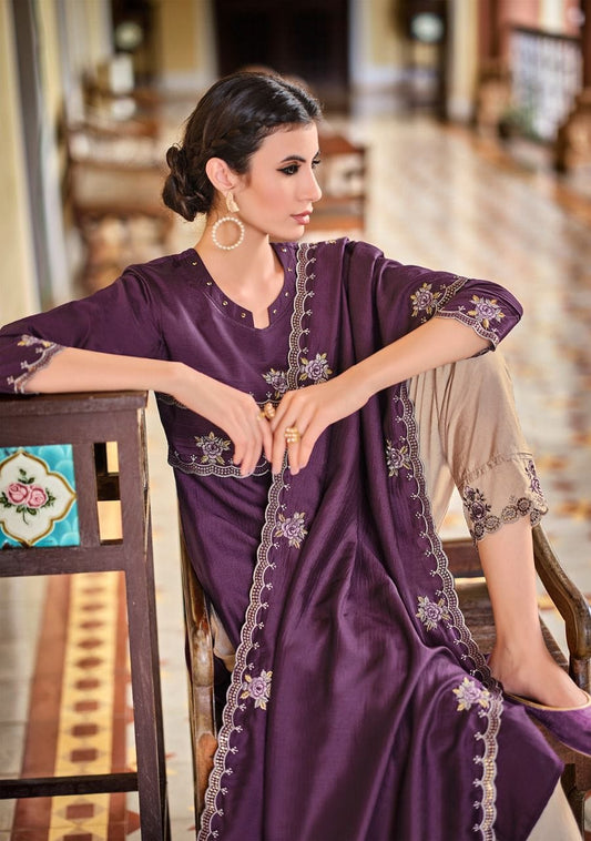 Omisha sangria purple embroidered silk suit set with dupatta