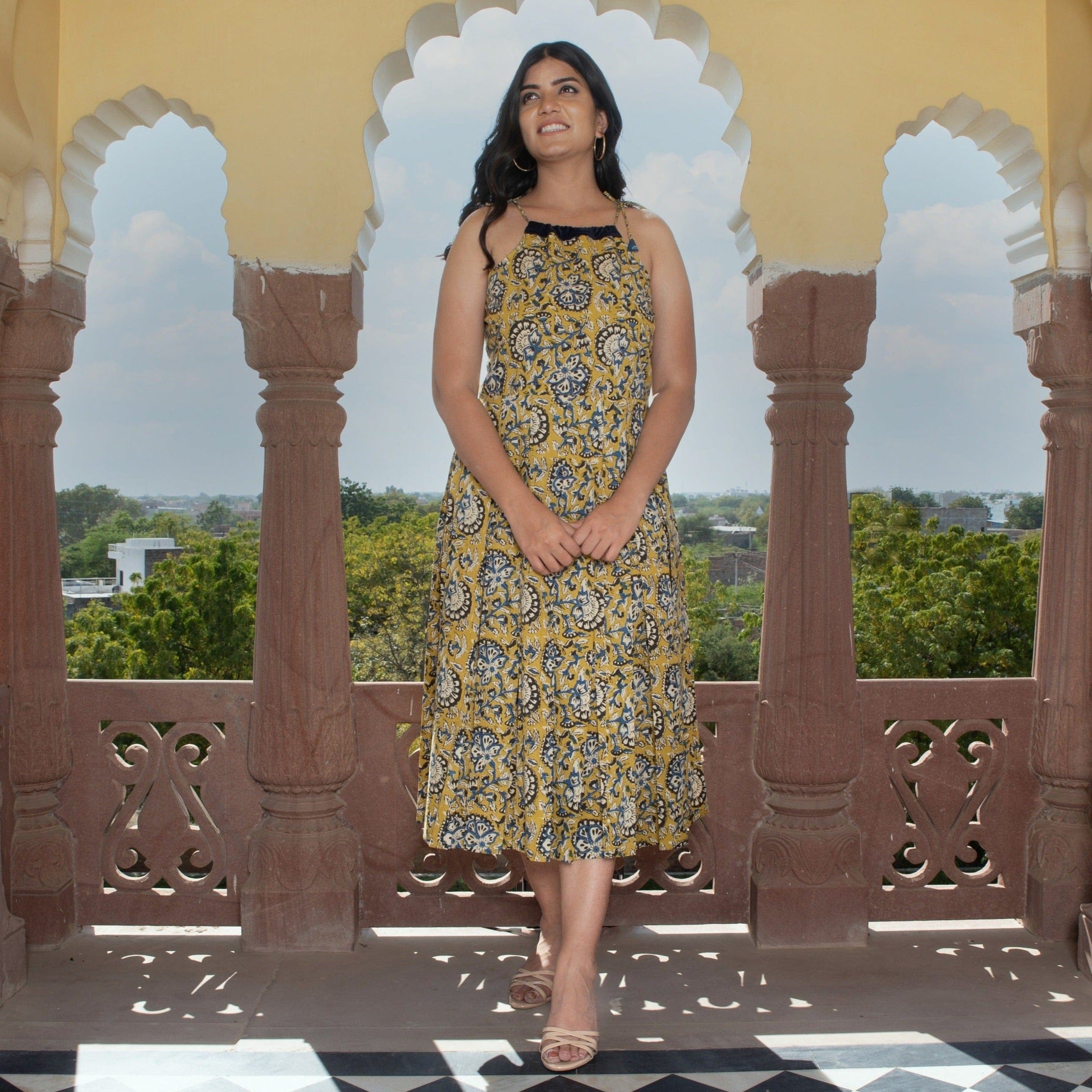 designer yellow summer cotton long dress in handblock with floral prints velvet in organic dye for online shopping India