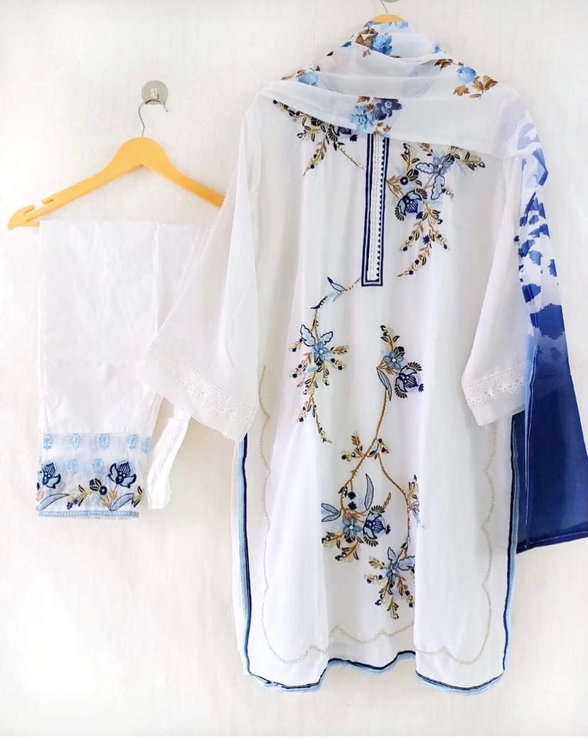 latest fashion white blue georgette designer suit set for party wear summer wear