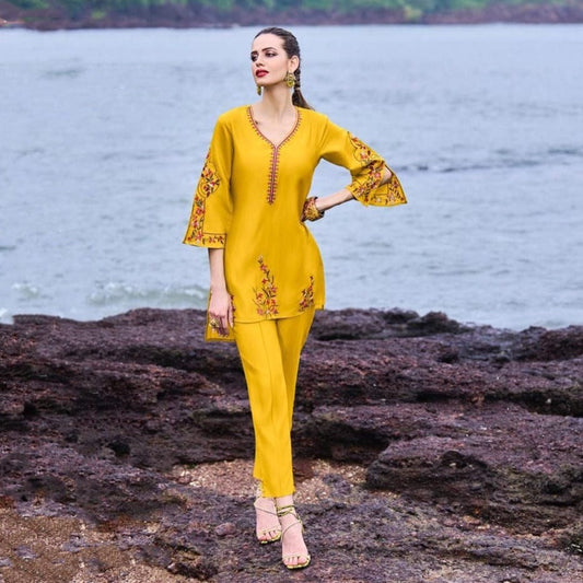 mustard yellow ochre co-ord sets for women in summer spring stylish latest designer wear