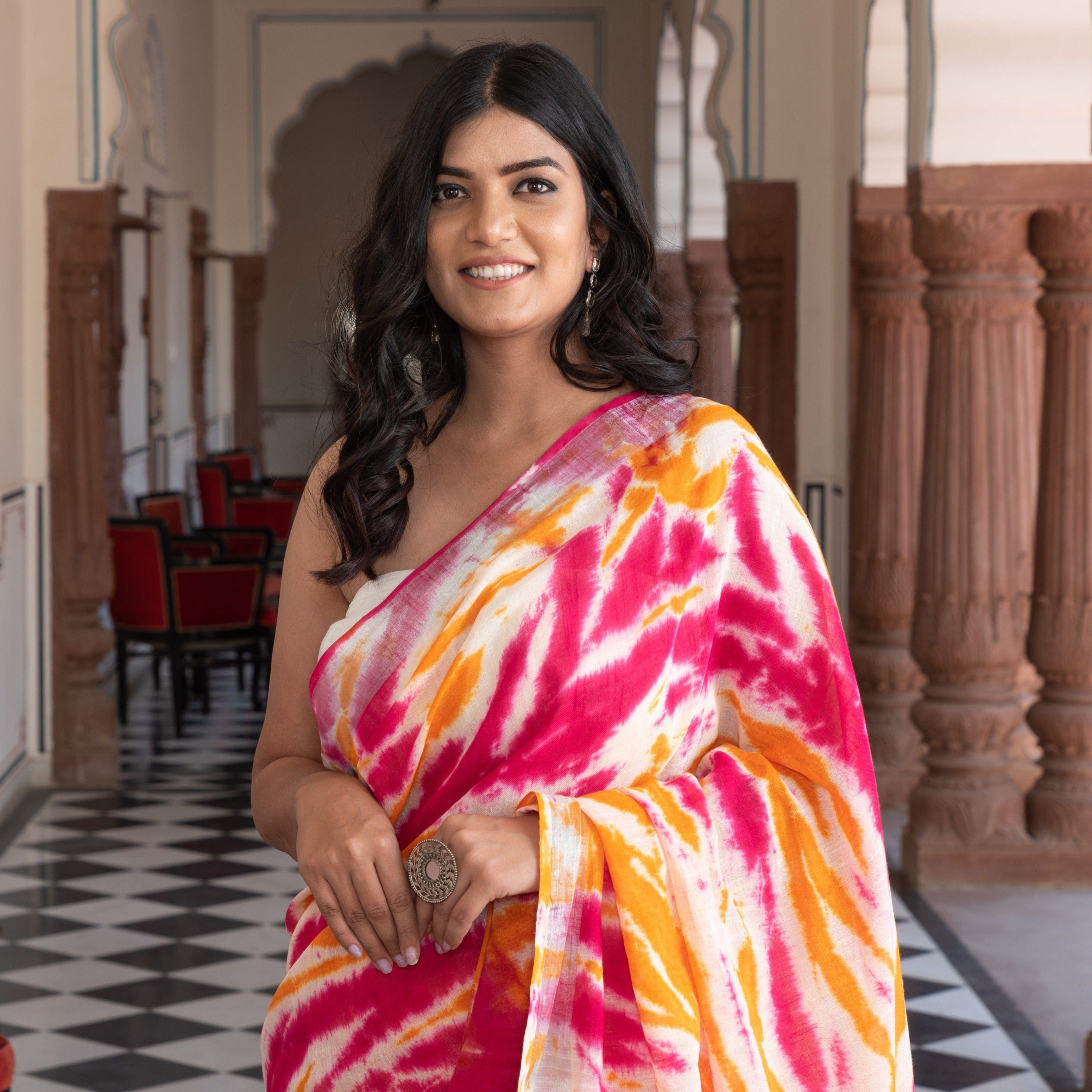 pink-yellow tie dye shibori linen saree blouse stylish wear made in india
