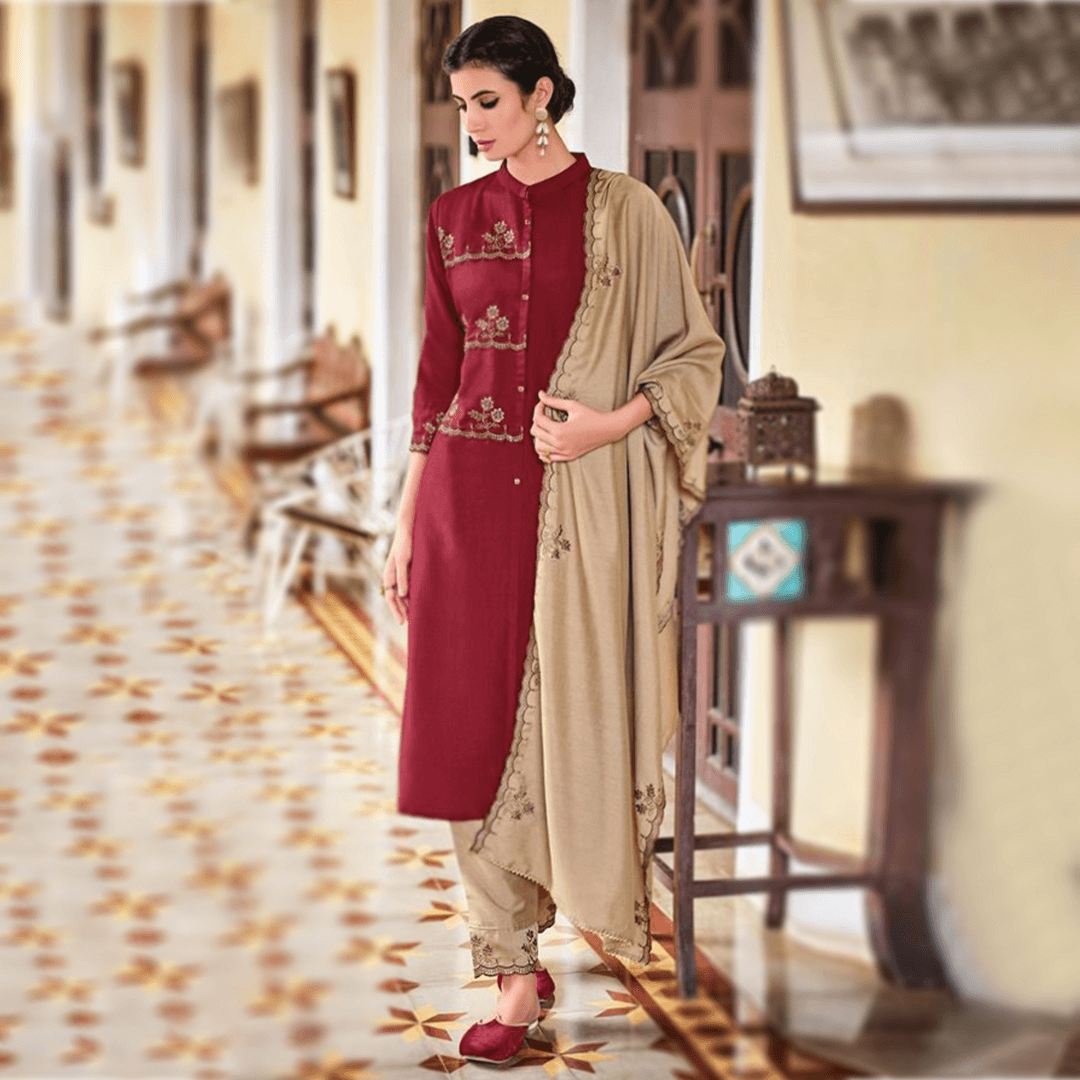 cherry red maroon silk suit set with embroidery kurta pant dupatta sequins work handmade