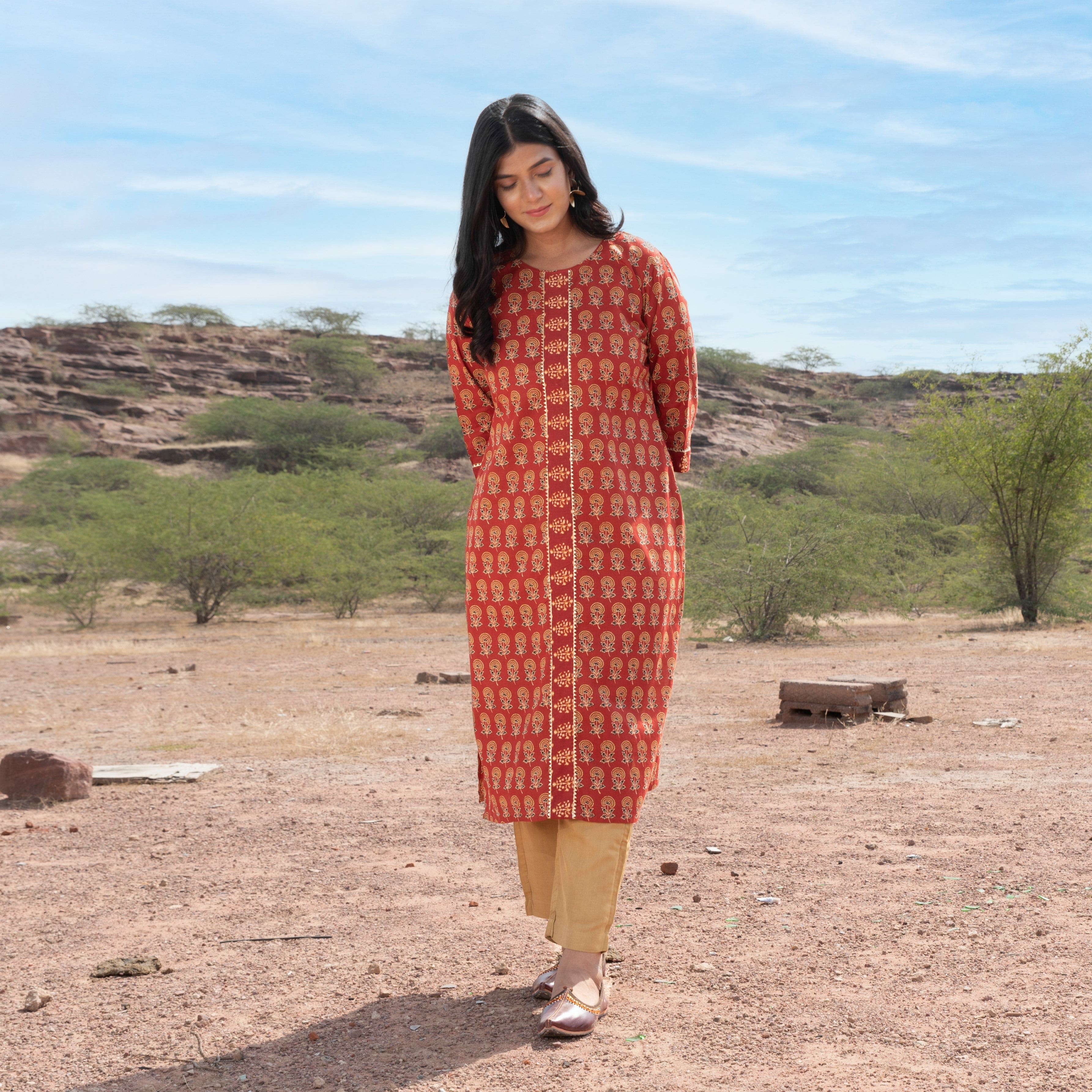 new style latest fashion long cotton kurta with boota motifs in organic dye sustainable fashion made in india jodhpur