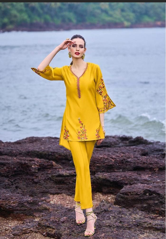 mustard yellow ochre co-ord sets for women in summer spring stylish latest designer wear