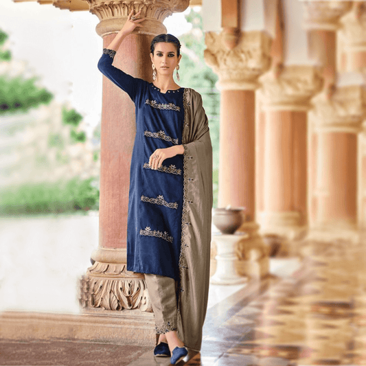 navy blue silk suit set with embroidery kurta pant dupatta sequins work hand made in india