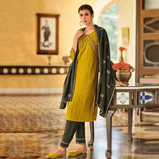 ochre yellow mustard silk suit set with embroidery kurta pant dupatta sequins work hand made in india