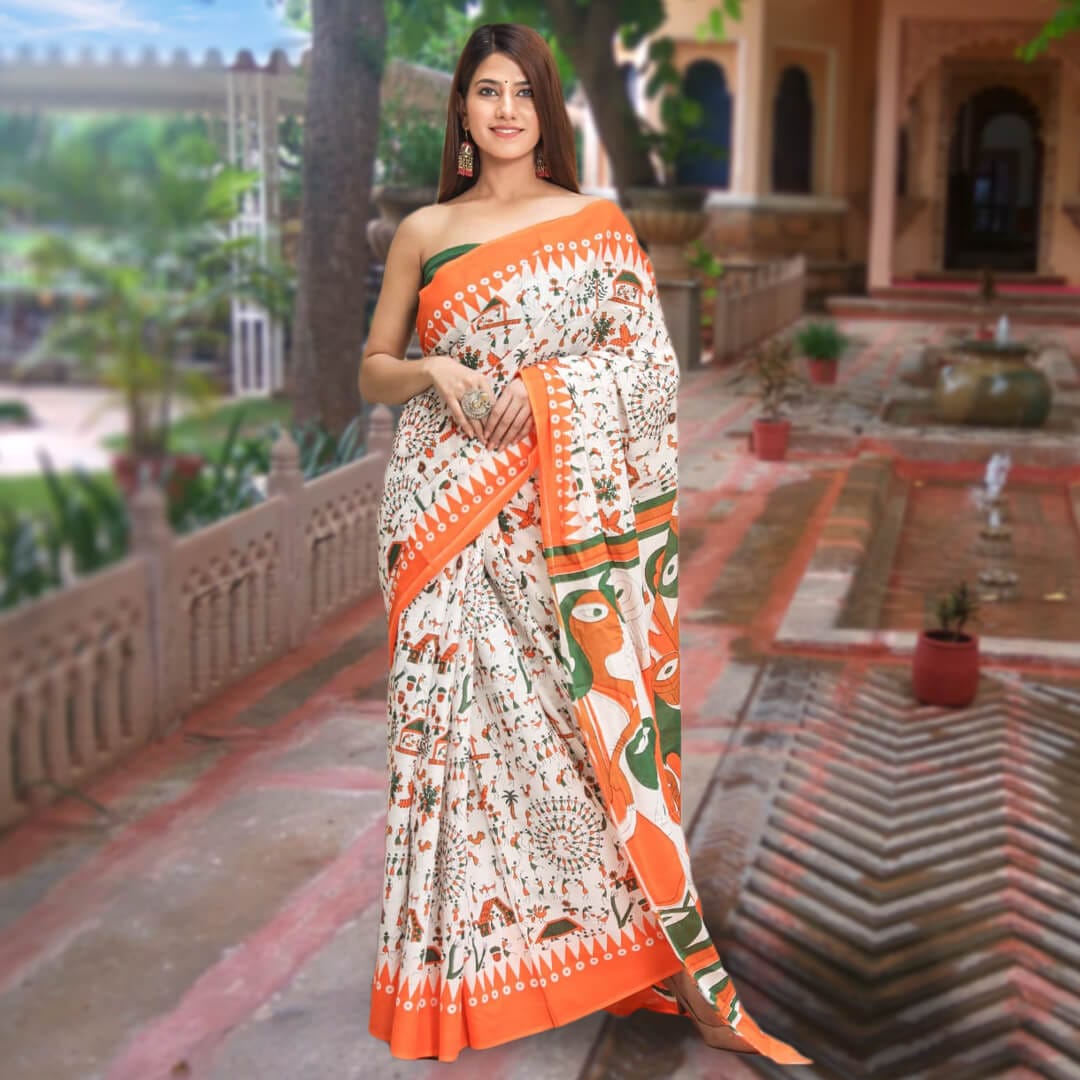 Breathable mul cotton designer saree handblock handprint warli artform and matching pallu blouse online shopping made in india