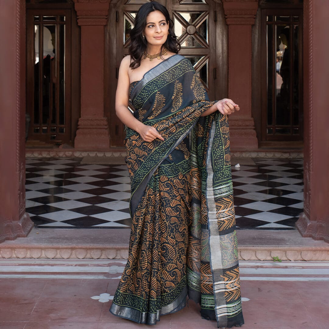 Sumukhi Linen saree with hand block paisley print