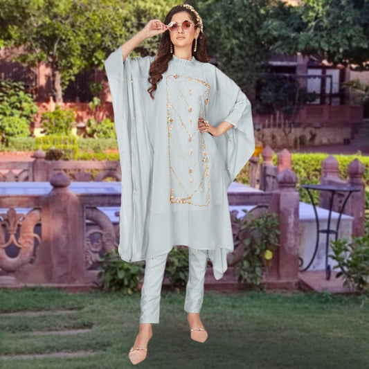 pastel blue latest designer georgette kaftan suit set with dupatta and cotton cigarette pants summer wear made in india