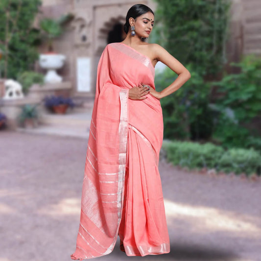 beautiful designer peach linen saree with zari border best for summer wear latest sustainable fashion