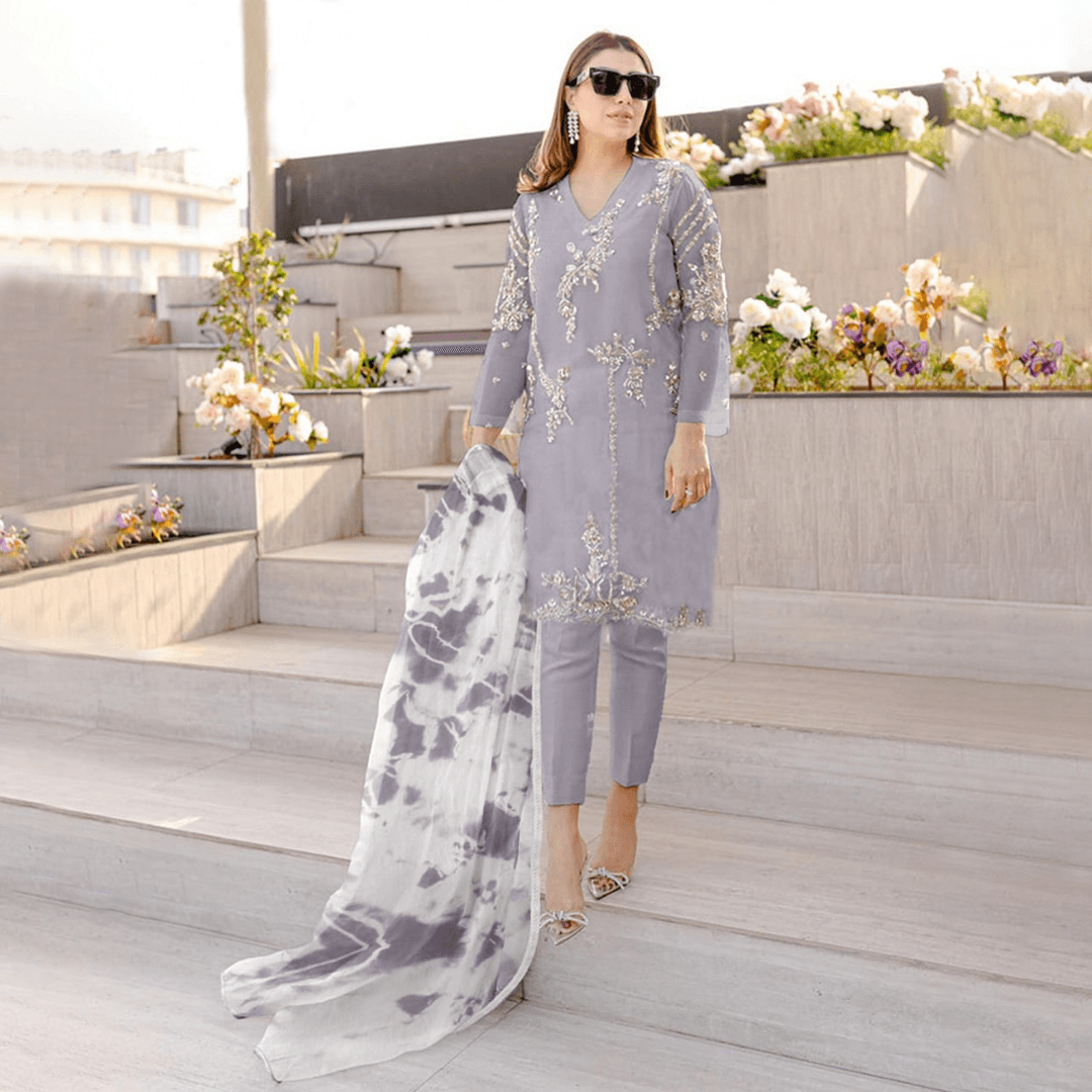 festive suit set in lilac georgette with embroidery pearl work and handprinted floral dupatta online shopping made in india