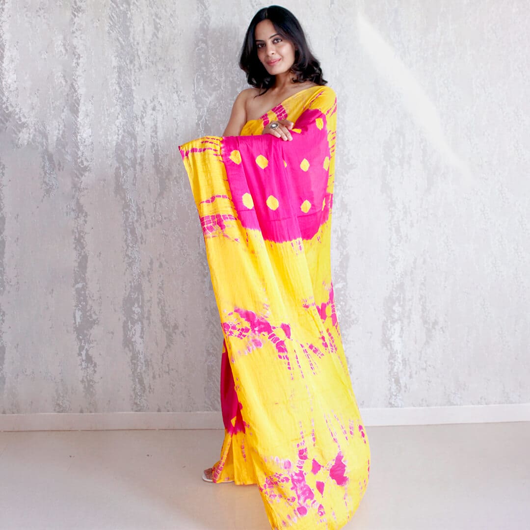 pink bandhej shibori tie dye chinnon saree handmade in india light-weight for summer wear party wear Indian outfit