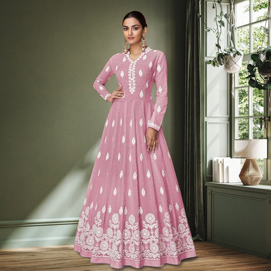 hand embroidered pink chikankari work evening party dress gown long sleeves made in india online shopping designer wear