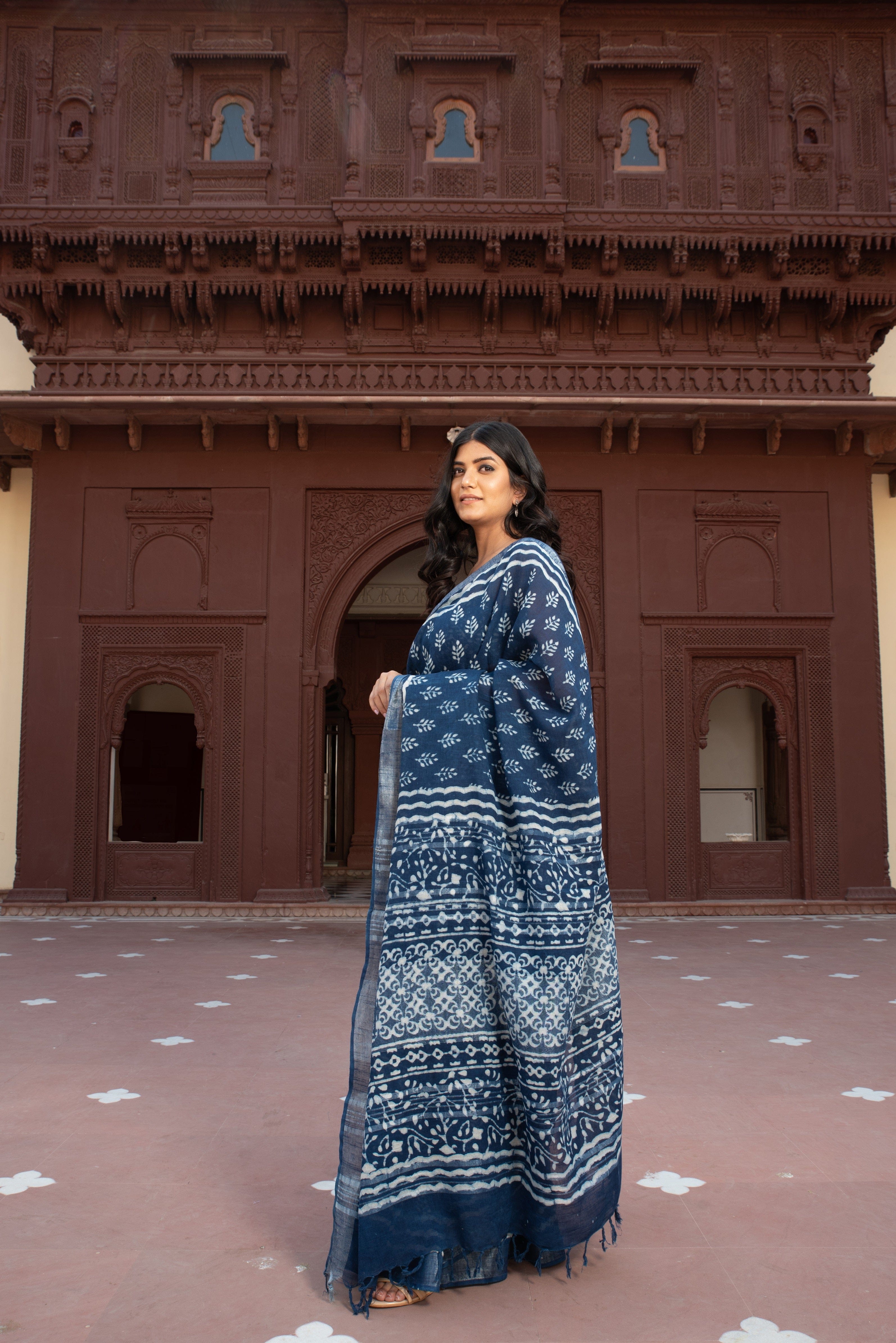 Designer indigo blue linen saree and matching classy blouse handmade for luxury give casual and formal look online buy india