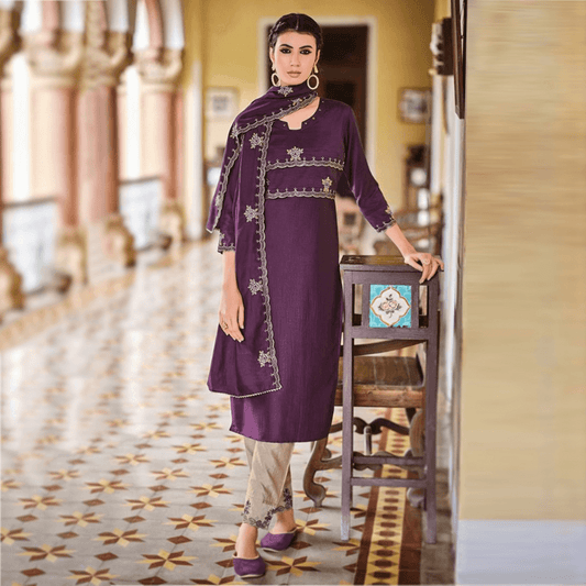purple silk suit set with embroidery kurta pant dupatta sequins work hand made in india
