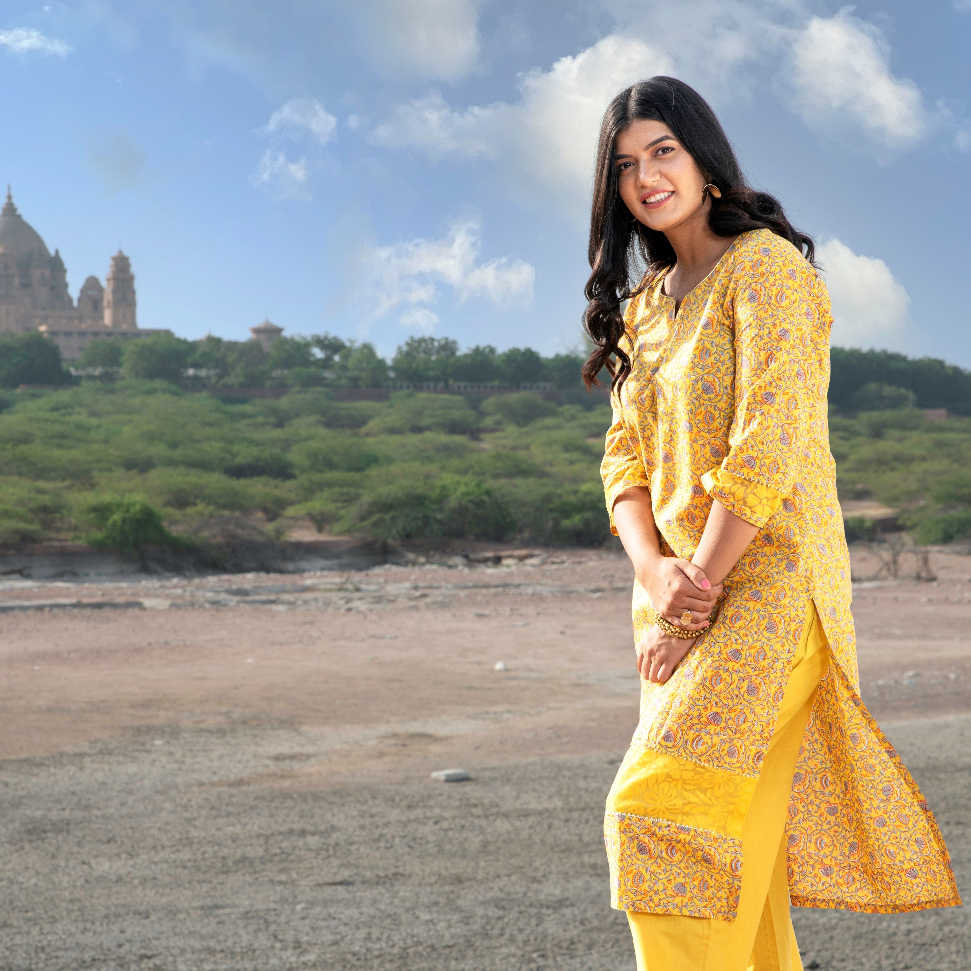 daily wear yellow handblock long cotton kurta with floral jaal print gota detailing and net smart casuals sustainable fashion