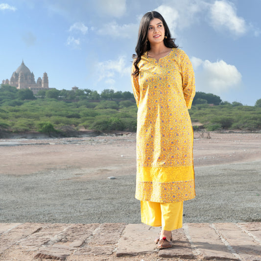 daily wear handblock long cotton kurta with floral jaal print gota detailing and net smart casuals for summer wear
