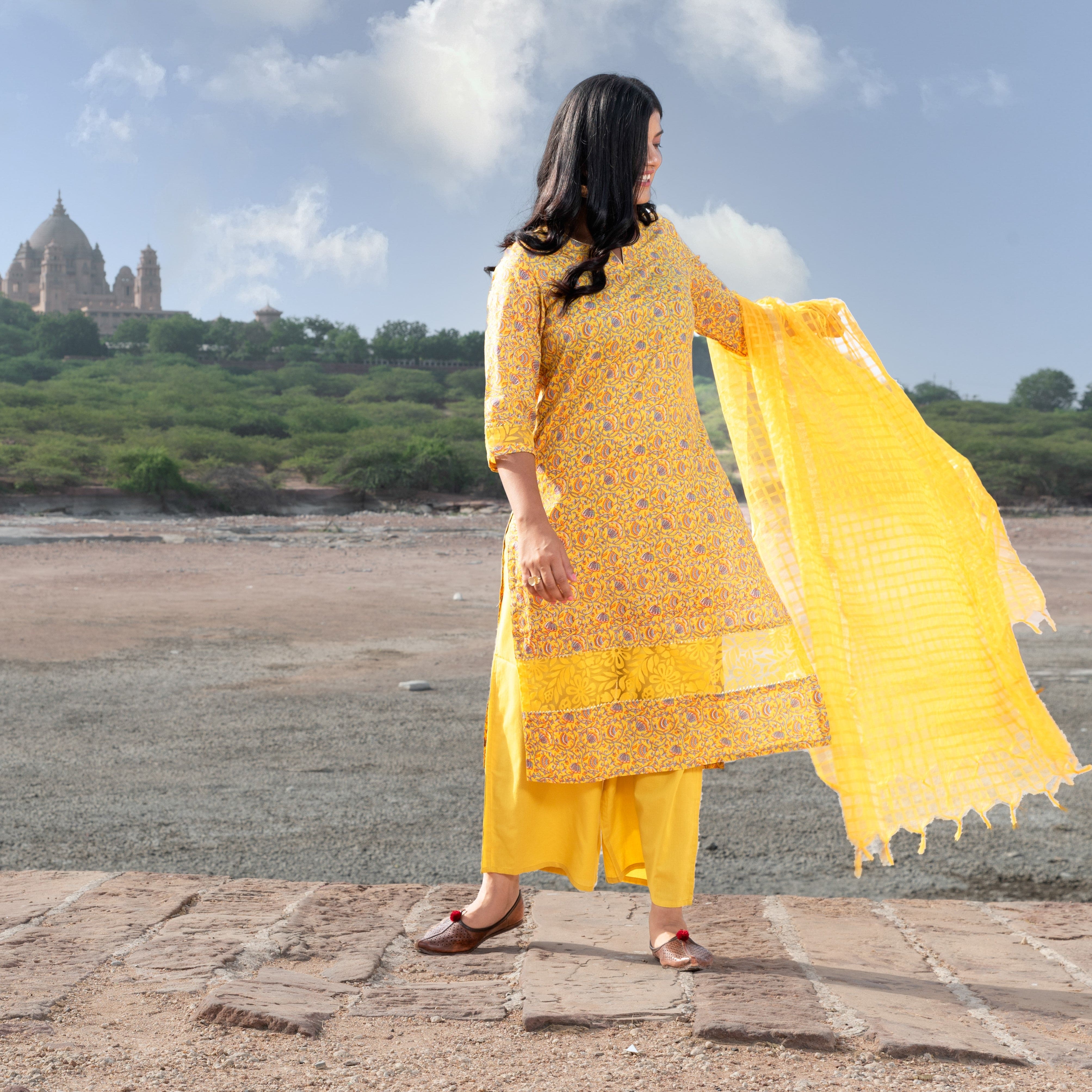party wear yellow  handblock long cotton kurta with floral jaal print gota detailing and net smart casuals for summer wear