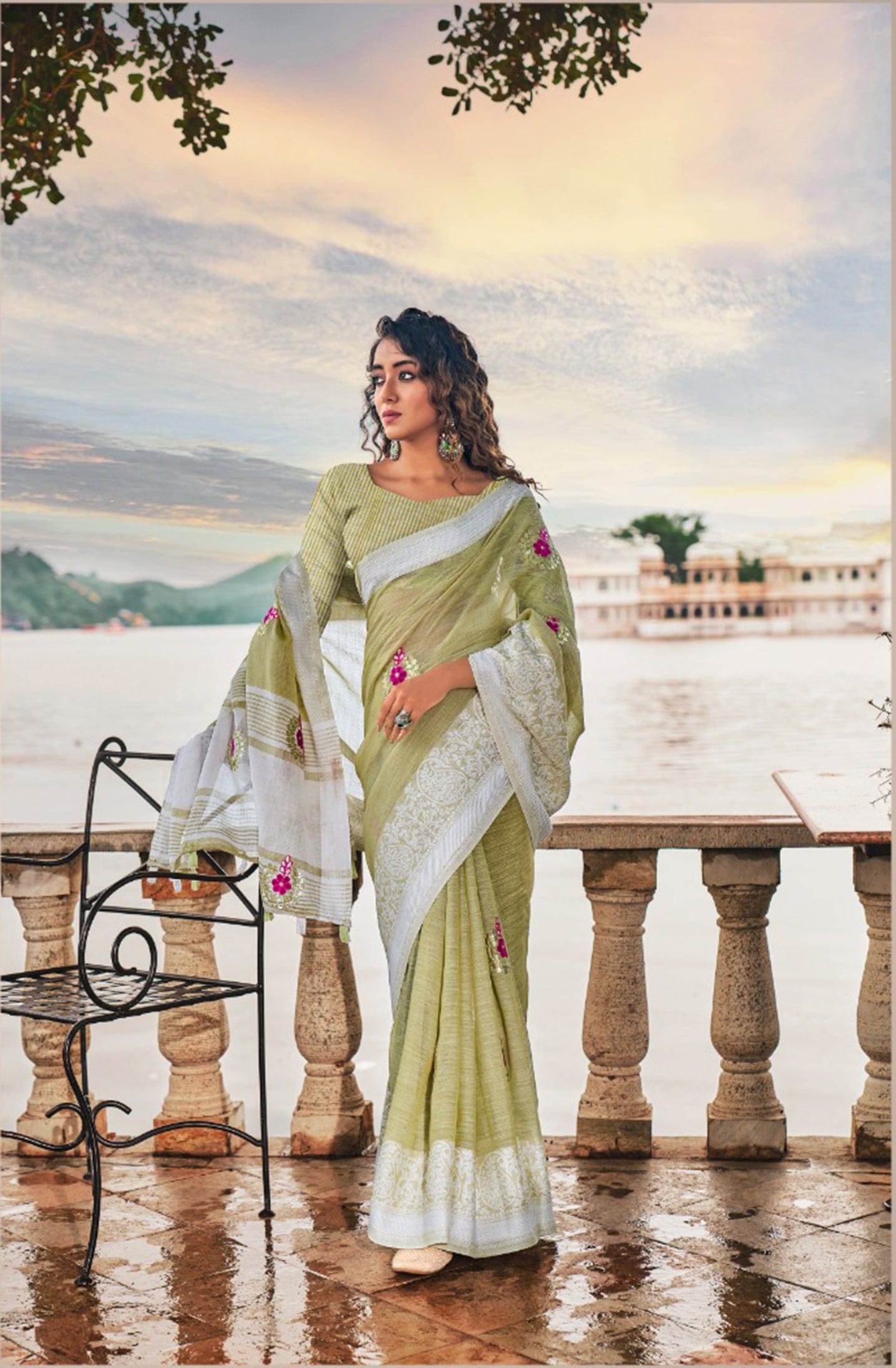 Handmade designer embroidered gota patti linen saree and blouse in hues of lime on white for online shopping made in India