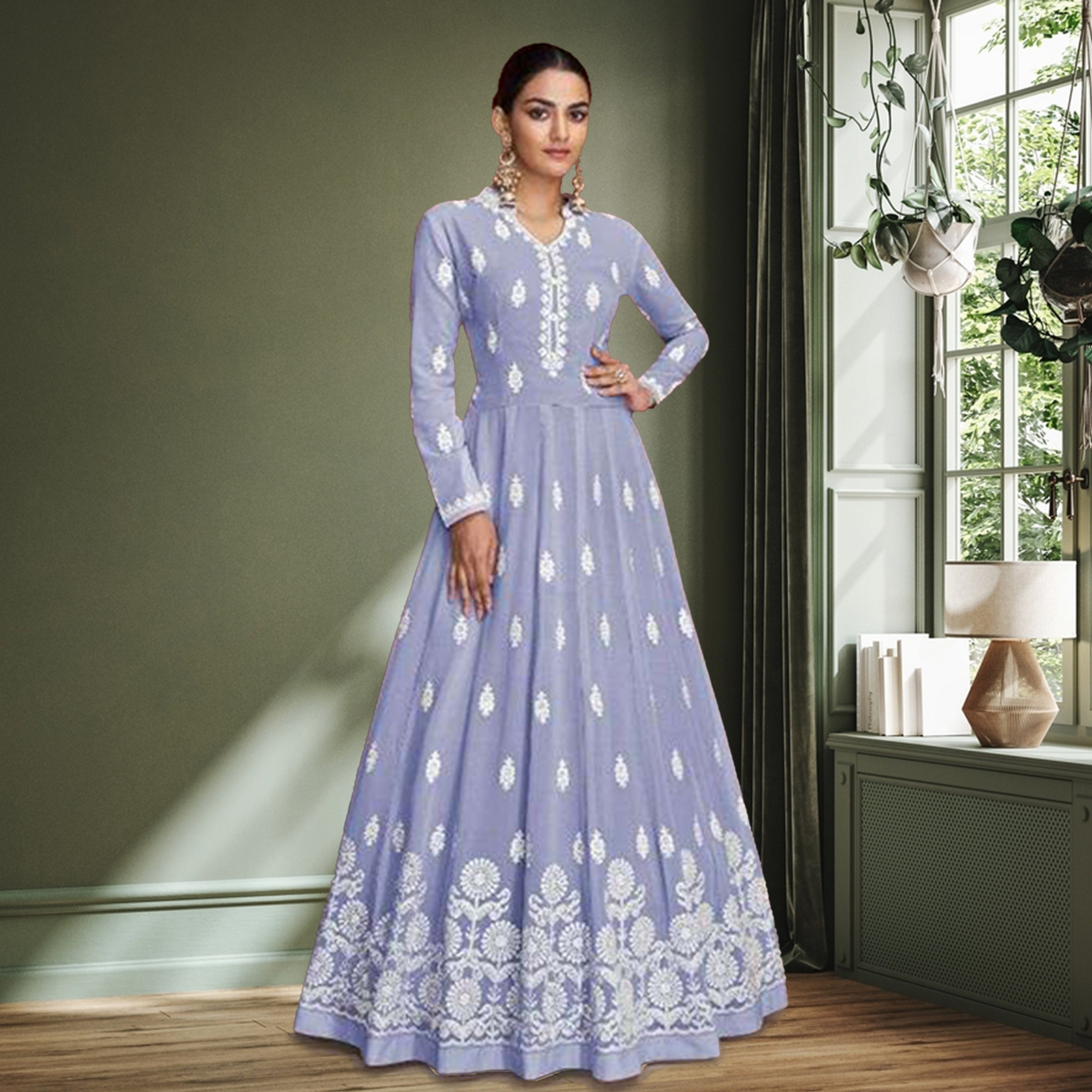 chikankari long dress Yellow Chikankari Embroidered Mulmul Gown: Women's Long Dress