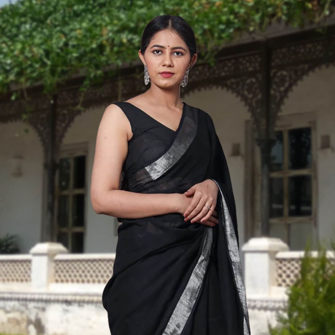 beautiful designer black linen saree with zari border best for summer wear latest sustainable fashion