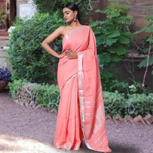 beautiful designer peach linen saree with zari border best for summer wear latest sustainable fashion