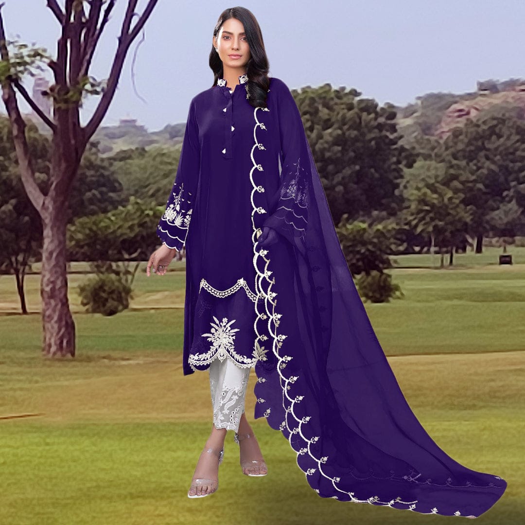 violet purple festive suit set in georgette with embroidery and handmade floral dupatta online shopping made in india