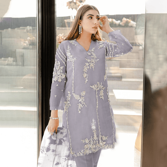 festive suit set in lilac georgette with embroidery pearl work and handprinted floral dupatta online shopping made in india