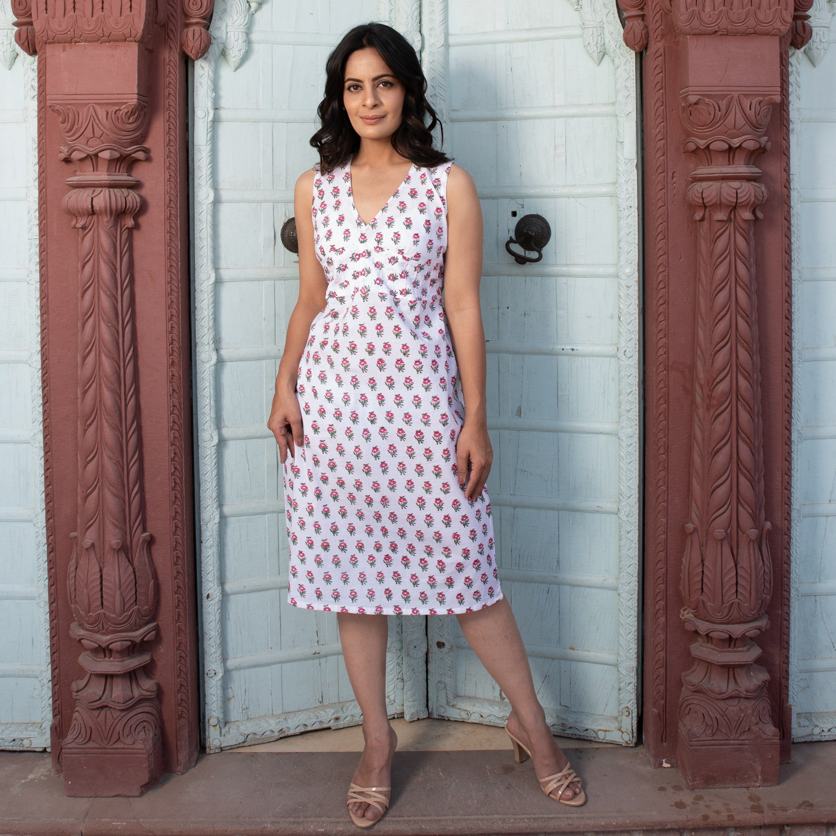 designer trendy handblock cotton dress in white and pink flowers with sequins for online shopping india using natural dye