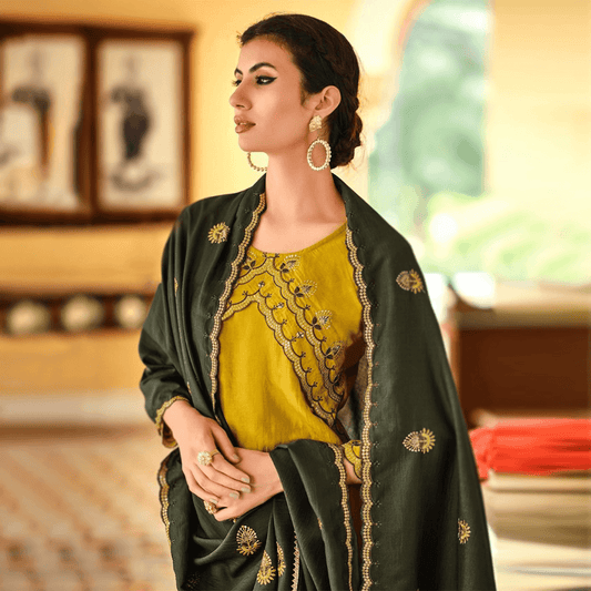 ochre yellow mustard silk suit set with embroidery kurta pant dupatta sequins work hand made in india