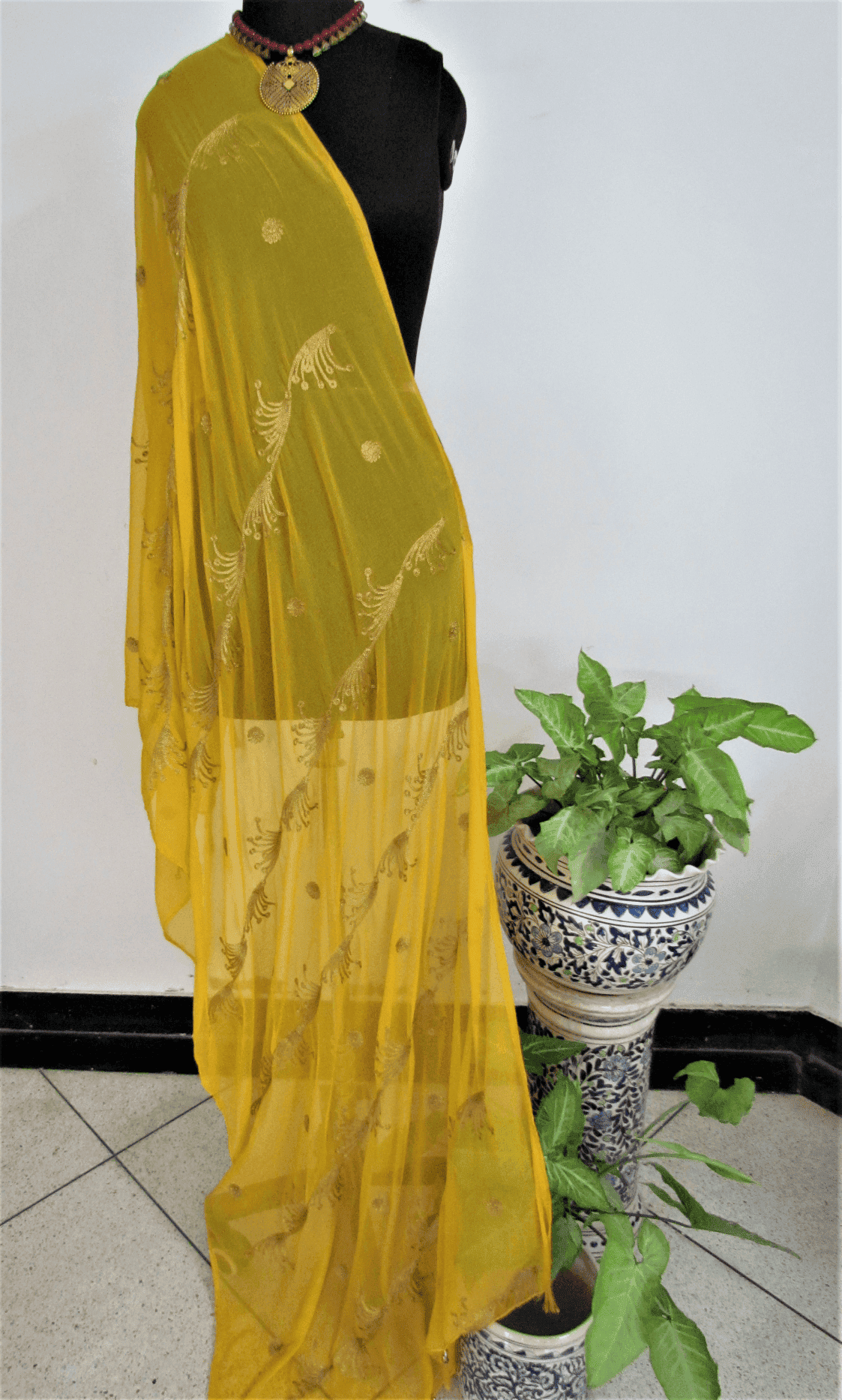 Yellow georgette dupatta with embroidered jaal